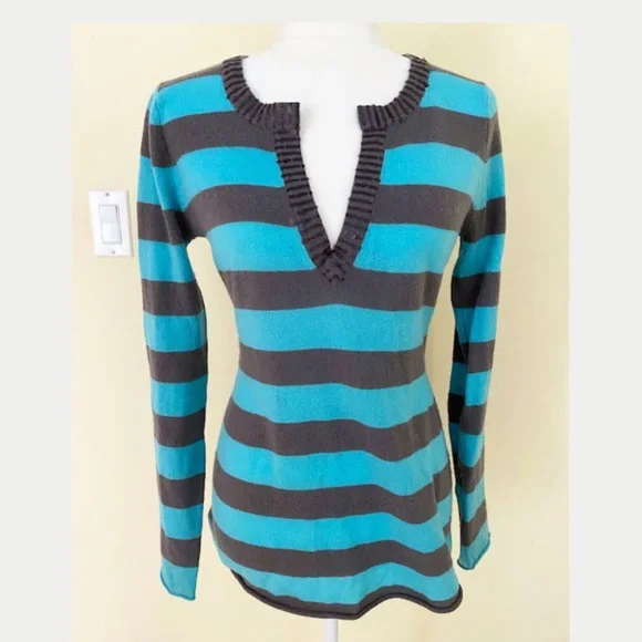 Autumn Cashmere 100% Stripe Beaded Long Sleeve Tunic Sweater Turquoise Gray - Picture 1 of 10